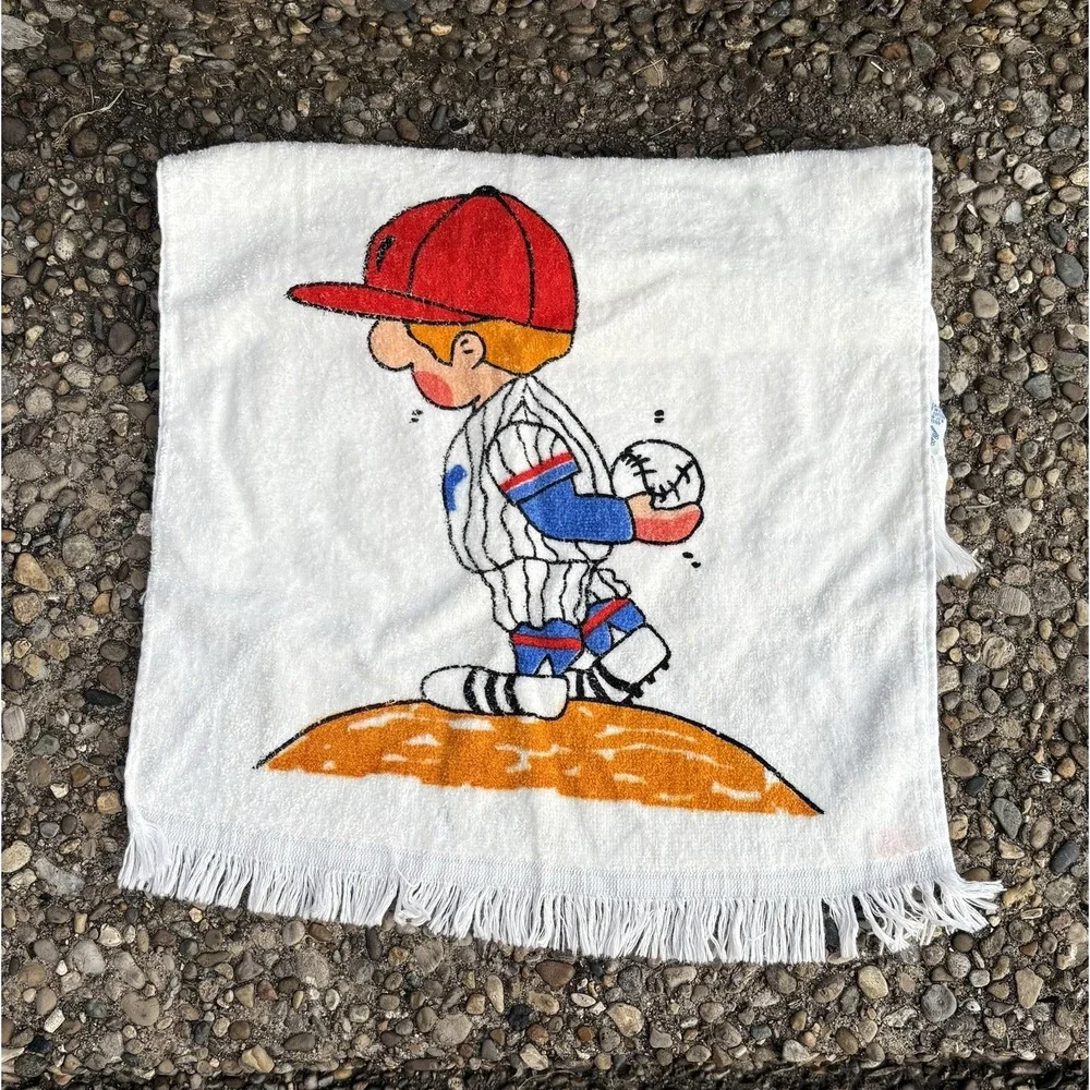 Vintage Hand Towel Set Of 2  Baseball Basketball Cartoon Kids Bath Cotton